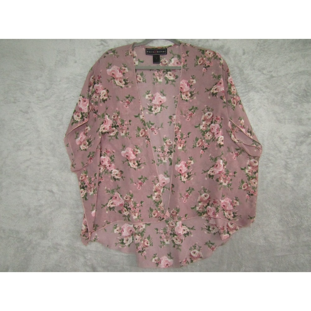 Polly Esther Sheer Floral Kimono Cardigan‎ Duster Pink Roses Butterfly Sleeve